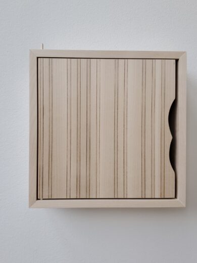 Litet skåp i massiv björk med lasergraverat mönster på dörren.